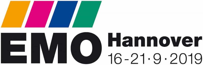 Färgglada ränder ovanför texten "EMO Hannover 16-21 9 2019" i svart typsnitt.