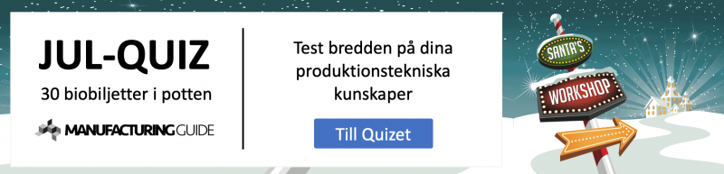 Banner för ett julquiz av Manufacturing Guide som erbjuder 30 biobiljetter. På skylten står det "Testa bredden av din produktionstekniska kunskap." Det finns en knapp märkt "Till frågesporten.